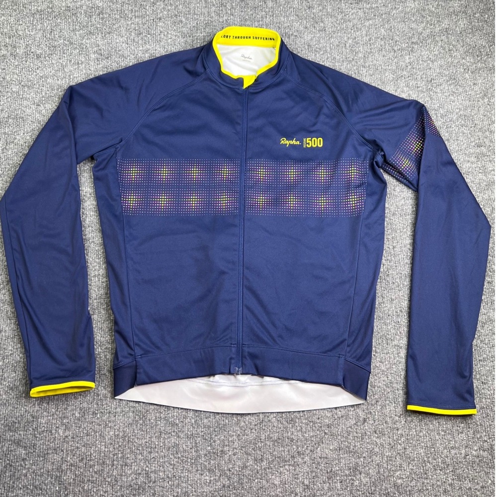 Rapha Cycling Jersey Mens Large Blue Festive 500 Long Sleeve Core Full Zip Top